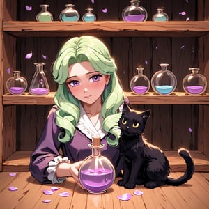 A potion of fragrant bloom resting on a wooden shelf in a dark apothecary, lavender vapor swirling around, soft petals and glass reflecting flickering candlelight . A black cat watches as dreams float and disappear in the background