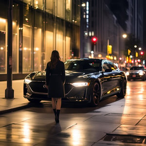 As the sleek sedan hummed to a halt, its doors unlocked with a satisfying click. Nearby, a young woman stood, her silhouette outlined by the soft glow of the streetlights. She glanced over her shoulder, her expression a mix of surprise and curiosity, as the car's security system engaged with a series of precise and reassuring beeps.