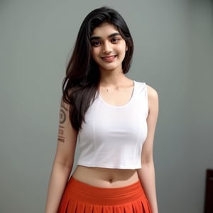 indian wearing top and skirt with  smiling with shyness with tattos of of name kashif a which is readable  ,indian,20 year old girl,Indian,tradition