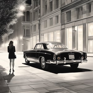 As the sleek sedan hummed to a halt, its doors unlocked with a satisfying click. Nearby, a young woman stood, her silhouette outlined by the soft glow of the streetlights. She glanced over her shoulder, her expression a mix of surprise and curiosity, as the car's security system engaged with a series of precise and reassuring beeps.