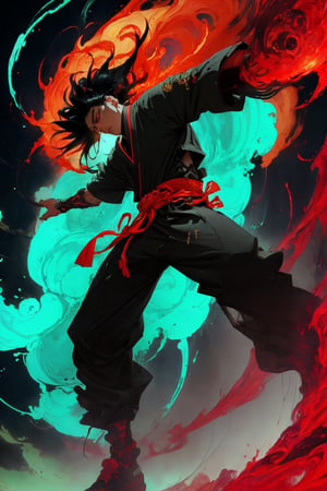 Imagine an anime scene set in a vibrant, otherworldly realm. In the foreground stands a teenage boy named Hiro, his figure outlined against a backdrop of swirling hues—splashes of electric blue merging with fiery reds and ethereal purples.

Hiro, with tousled midnight-black hair and eyes shimmering like molten gold, exudes an air of quiet determination. His attire, a blend of modern streetwear and hints of ancient armor, hints at the fusion of tradition and innovation within him.

The color background reflects Hiro's powers—a fusion of elements materializing around him. Flames dance at his fingertips, casting an intense scarlet glow, while ribbons of azure energy spiral around him, crackling with an electric charge. These vibrant manifestations echo the depth of his abilities, signifying his command over fire and lightning.

In the midst of this elemental display, Hiro's stoic expression remains focused, his hands outstretched, directing the convergence of these forces. His powers emanate with an otherworldly brilliance, creating a stunning contrast against his composed demeanor.

Craft an image or a narrative that brings this anime scene to life, capturing the intensity of Hiro's powers against the backdrop of the vividly colored world. Explore how his character interacts with and controls these elements, and the impact his abilities have on the world around him.