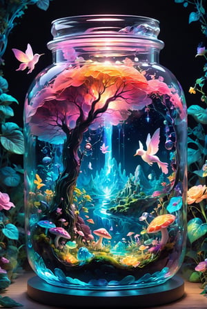 A jar encapsulating a fantastical realm, high saturation, vibrant hues of an enchanting landscape contained within glass, floating islands, mythical creatures visible through the transparency, twinkle of magical elements, depth illusion gradient, ambient occlusion for a tactile feel, pixel-perfect illumination, ultrafine details, nostalgic aesthetic.
