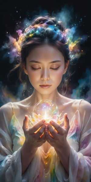 A woman with her hands holding a glowing light in her hands, ethereal, on a white background, with watercolor splatter, an interplay of pastel hues and rainbow colors, with a double exposure effect, golden rays emanating from the center, a soft glow, a mysterious aura, ethereally beautiful, with soft edges, delicate details, a celestial energy radiance, whimsical, a surreal atmosphere, dreamy, with watercolor splashes in the style of Yoji Shinkawa and colorful pastel tones in the style of Greg Rutkowski, with detailed light effects, dreamy and ethereal, with delicate brushstrokes, high quality, high resolution, high detail