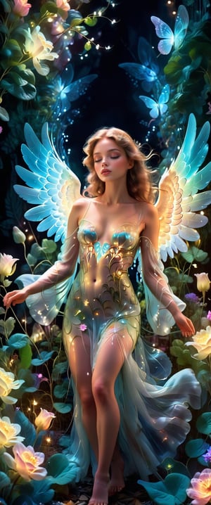 Ultra detailed illustration of an angel lost in a magical world full of wonders, unique luminous flora never seen before, highly detailed, pastel colors, digital art, art by Mschiffer, night, dark, bioluminescence