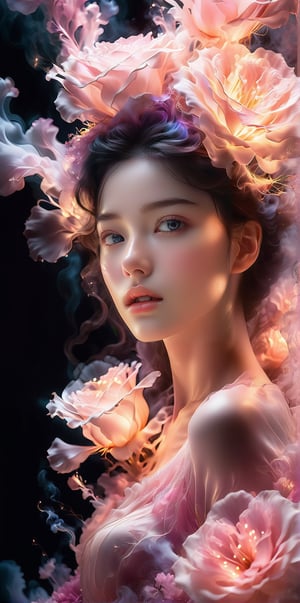 Ultra detailed Ultra realistic portrait of a ghost-like form of beautiful woman surrounded by steam , backlit, smoky,  work of beauty and complexity, 8kUHD,  flowy 
translucent,  work of beauty and awe, steamy, backlit, alberto seveso style, close-up , iridescent glow,  pink flowers blowing with the wind 