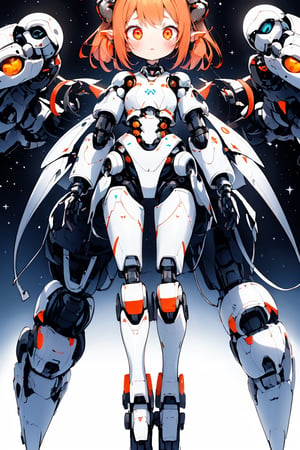 masterpiece, best quality, aesthetic, Grandparentcore, Neo-Pop ,succubus, , illustration, space colonization of sentient robot- robots with expressive visual displays, glowing eyes, and sleek, polished exteriors , quantum physicist , animal, animal focus, blush, full body, mecha, orange eyes, robot, science fiction, solo