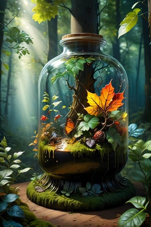 art by Mandy Disher, digital art 8k, Jean-Baptiste Monge style, art by cameron gray, masterpiece, best quality, high quality, extremely detailed CG unity 8k wallpaper, scenery, outdoors, sky, cloud, day, (An intricate forest minitown landscape trapped in a bottle), atmospheric oliva lighting, on the table, 4k UHD, dark vibes, hyper detailed, vibrant colours forest background, epic composition, octane render, sharp focus, high resolution isometric, Photorealistic, trending on artstation, trending on CGsociety, Intricate, dramatic, art by Razumov and Volegov, art by Carne Griffiths and Wadim Kashin rutkowski, hyperrealism painting