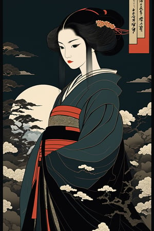 masterpiece, best quality, aesthetic , japanese ukiyo - e,
1girl, dark theme, gothic, abstract background,