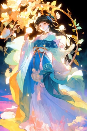 raw photo, half body shot, waist up to head, extremely beautiful 18 years old caucasian woman with ginger hair, chinese goddess on a cloud, Hecate, (((her head is fully visible))), (((distant shot))), ((unzoom)), in an intricate fluttering pastel orange-blue hanfu, a beautiful decoration on her head, detailed face, detailed skin, holdig an ancient chinese sword, art by Alphonse Mucha, front, background magical garden in chinese heaven, cover, unzoom, choker, hyperdetailed painting, luminism, Bar lighting, complex, 4k resolution concept art portrait by Greg Rutkowski, Artgerm, WLOP, Alphonse Mucha, little fusion pojatti realistic goth, fractal isometrics details bioluminescens : a stunning realistic photograph 30 years, use Alchemy beta 2D image pipeline from Leonardo.Ai to enhance the image, prompt magic,1 girl,yoimiyadef,weapon, mandala, zentangle,Blender,kamisato_ayaka