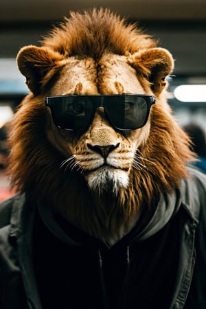 Close-up lion, standing inside the train of a crowded subway. He wears a red hood and black sunglasses. Blurred background. movie still. cinematic posters style. serene anarchy