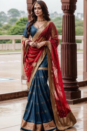 1girl, solo_focus, a ultra real full body shot photo of 28 years old New Delhi Actress, with long brown hair and intricate details of her perfect face. Her dress ((a dark red colored saree, a denim jacket, a long denim skirt)), perfect eyes, wearing ((high heels brown long heels)), her skin complexion is very fair, outdoors, buildings, walking, road traffic, real-world location, Indian,Woman, eyeglass real, look in camera, shopping in a mall,indian_bride