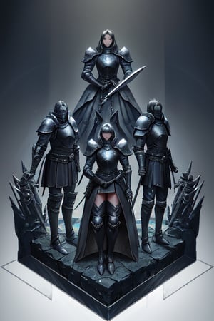 A majestic armor stands tall on a transparent background, devoid of distractions. black armor envelops the figure's full body, with gloves and boots forming the base of the composition. The shoulder armor, gauntlets, and vambraces draw attention to the arms at sides, while the pauldrons and breastplate create unity. Clenched hands rest by the sides, exuding strength and readiness. Multiple views capture the warrior's regal presence from every angle.,hdsrmr,tshee00d