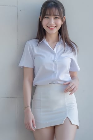 A high-resolution photograph taken with a Canon camera of a 30-year-old half-Thai, half-chinese woman with radiant fair skin. She is wearing  white universit thai uniform ,hight deteiled,smile,cute skin,half body