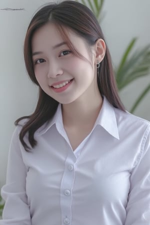 A high-resolution photograph taken with a Canon camera of a 30-year-old half-Thai, half-chinese woman with radiant fair skin. She is wearing  white universit thai uniform ,hight deteiled,smile