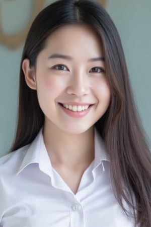 A high-resolution photograph taken with a Canon camera of a 30-year-old half-Thai, half-chinese woman with radiant fair skin. She is wearing  white universit thai uniform ,hight deteiled,smile