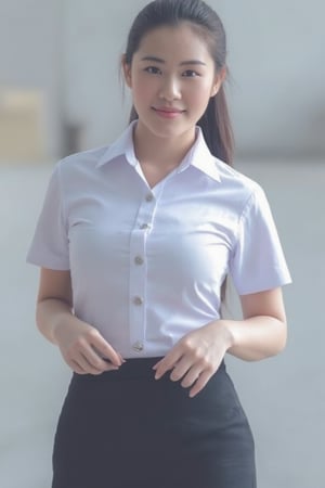 A high-resolution photograph taken with a Canon camera of a 30-year-old half-Thai, half-chinese woman with radiant fair skin. She is wearing  white universit thai uniform ,hight deteiled,smile,cute skin,full body