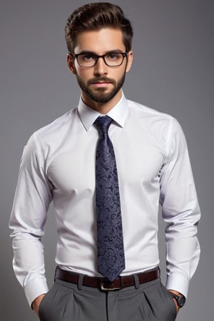 Illustrate A man, Depth and Dimension in the Pupils, Hunter eyes, beard:1.5, nose is slim and Brown hair, with intricate details, his body is confidentiality stable like a man, his posture exuding strength and determination. Clothed in a pant, shirt with tie, wearing glasses,full_body picture 
