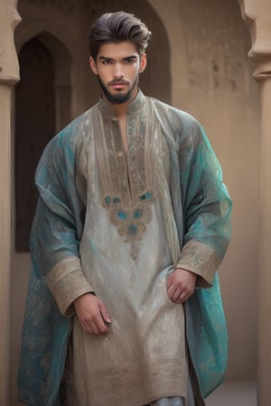 18 years old beautiful boy wearing a Pakistani clothes, ,Depth and Dimension in the Pupils,So beautiful eyes,(beard:1.5), with intricate details, Classic Pakistani clothing typically includes traditional garments like the shalwar kameez for both men and women. For men, this consists of loose-fitting trousers (shalwar) paired with a long tunic (kameez) Picture the boy adorned in a palette of vibrant colors, reflecting the elegance. Optimize for a visually captivating composition that highlights the exquisite design of the thobe, creating a scene that celebrates the beauty of cultural richness,hands are veiny, background is realistic.