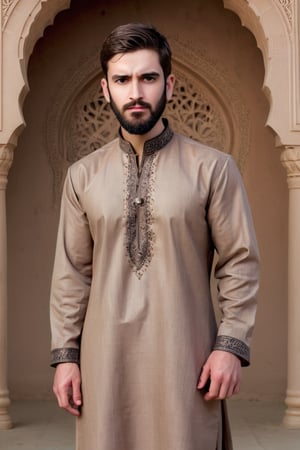 Illustrate A man, Depth and Dimension in the Pupils, Hunter eyes,(beard:1.5), nose is slim and Brown hair, with intricate details, standing confidently in front of mosque, his posture exuding strength and determination. Clothed in a shalwar kameez, modern ensemble, Consider incorporating a subtle background that complements the tone,