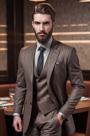 Illustrate A man, Depth and Dimension in the Pupils, Hunter eyes,(beard:1.5), nose is slim and Brown hair, with intricate details, walking confidently, his posture exuding strength and determination. Clothed in a sleek, modern ensemble, Consider incorporating a subtle background that complements the tone, in the restaurant 