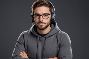 Illustrate A man, Depth and Dimension in the Pupils, Hunter eyes, beard:1.5, nose is slim and Brown hair, with intricate details and a face is straight forward, his body is confidentiality stable like a man, his posture exuding strength and determination, clothes in a grey hoodie, wearing glasses, face mask and headphones, sitting on the chair behind the office table, studio is dark, cup of coffee is on the table, mic is the on table, folding their arms on the table, full_body picture
