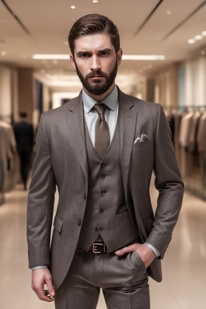 Illustrate A man, Depth and Dimension in the Pupils, Hunter eyes,(beard:1.5), nose is slim and Brown hair, with intricate details, walking confidently, his posture exuding strength and determination. Clothed in a sleek, modern ensemble, Consider incorporating a subtle background that complements the tone, in the shopping mall