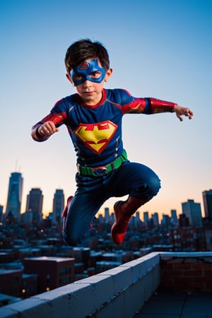 A boy dressed as a superhero, leaping over rooftops with a city skyline at dusk.