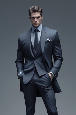 Illustrate a man standing confidently, his posture exuding strength and determination. Clothed in a sleek, modern ensemble, Consider incorporating a subtle background that complements the tone, whether it be an urban landscape.