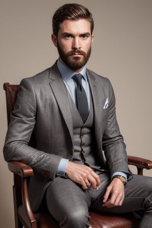 Illustrate A man, Depth and Dimension in the Pupils, Hunter eyes,(beard:1.5), nose is slim and Brown hair, with intricate details, sitting in the home on chair confidently, his posture exuding strength and determination. Clothed in a sleek, modern ensemble, Consider incorporating a subtle background that complements the tone,