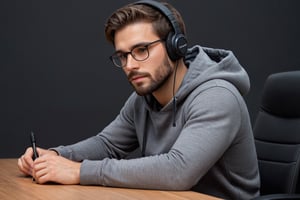 Illustrate A man,Depth and Dimension in the Pupils, Hunter eyes, beard:1.5, nose is slim and Brown hair,with intricate details and a face is straight forward,his body is confidentiality stable like a man,his posture exuding strength and determination,fold their arms on the table,sitting on the chair behind the office table,studio is dark, background is black,cup of coffee is on the table,mic is the on table,,full_body picture,Side view.clothes in a grey hoodie,wearing glasses and headphones on the head.