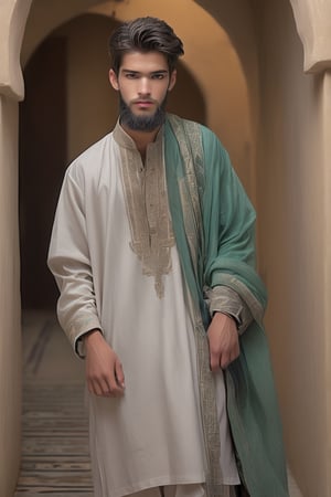 18 years old beautiful boy wearing a Pakistani clothes, ,Depth and Dimension in the Pupils,So beautiful eyes,(beard:1.5),Classic Pakistani clothing typically includes traditional garments like the shalwar kameez for both men and women. For men, this consists of loose-fitting trousers (shalwar) paired with a long tunic (kameez) Picture the boy adorned in a palette of vibrant colors, reflecting the elegance. Optimize for a visually captivating composition that highlights the exquisite design of the thobe, creating a scene that celebrates the beauty of cultural richness,hands are veiny, background is realistic, visiting the malls