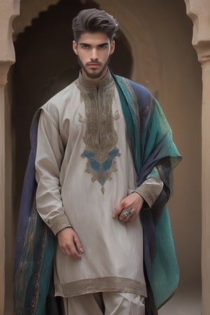 18 years old beautiful boy wearing a Pakistani clothes, ,Depth and Dimension in the Pupils, Hunter eyes,(beard:1.5), nose is slim, with intricate details, Classic Pakistani clothing typically includes traditional garments like the shalwar kameez for both men and women. For men, this consists of loose-fitting trousers (shalwar) paired with a long tunic (kameez) Picture the boy adorned in a palette of vibrant colors, reflecting the elegance. Optimize for a visually captivating composition that highlights the exquisite design of the thobe, creating a scene that celebrates the beauty of cultural richness,hands are veiny, background is realistic.