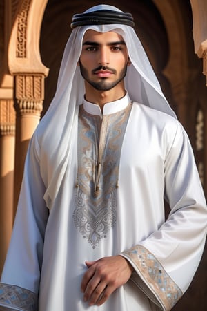 18 years old beautiful boy wearing a luxurious Middle Eastern thobe, ,Depth and Dimension in the Pupils,So beautiful eyes,(beard:1.5),
Envision the thobe with intricate details, featuring opulent embroidery, rich fabrics, and elaborate patterns, Picture the boy adorned in a palette of vibrant colors, reflecting the elegance and craftsmanship of traditional Middle Eastern attire. Optimize for a visually captivating composition that highlights the exquisite design of the thobe, creating a scene that celebrates the beauty of cultural richness,