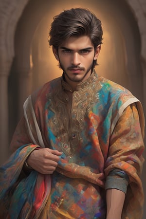 18 years old beautiful boy wearing the Pakistani clothes, , Depth and Dimension in the Pupils, Hunter eyes,(beard:1.5), nose is slim and Brown hair, with intricate details,  Picture the boy adorned in a palette of vibrant colors, reflecting the elegance, creating a scene that celebrates the beauty of cultural richness,hands are veiny, background is realistic.Explore casual fashion with a focus on denim jeans and classic shirts. Consider different styles, colors, 