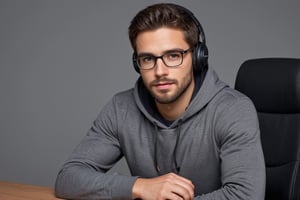 Illustrate A man,Depth and Dimension in the Pupils, Hunter eyes, beard:1.5, nose is slim and Brown hair,with intricate details and a face is looking straight forward,his body is confidentiality stable like a man,his posture exuding strength and determination,fold their arms on the table,sitting on the chair behind the office table,studio is dark, background is black,cup of coffee is on the table,mic is the on table,,full_body picture,Side view.clothes in a grey hoodie, he wears headphones jacks on their head of brown hairs and glasses on the face and watch on the hand.