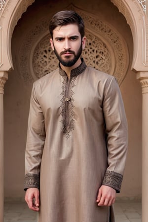 Illustrate A man, Depth and Dimension in the Pupils, Hunter eyes,(beard:1.5), nose is slim and Brown hair, with intricate details, standing in front of mosque confidently, his posture exuding strength and determination. Clothed in a shalwar kameez, modern ensemble, Consider incorporating a subtle background that complements the tone,