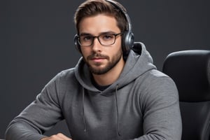 Illustrate A man, Depth and Dimension in the Pupils, Hunter eyes, beard:1.5, nose is slim and Brown hair, with intricate details and a face is straight forward, his body is confidentiality stable like a man, his posture exuding strength and determination, clothes in a grey hoodie, wearing glasses, face mask and headphones, sitting on the chair behind the office table, studio is dark, cup of coffee is on the table, mic is the on table, folding their arms on the table 
