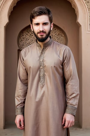 Illustrate A man, Depth and Dimension in the Pupils, Hunter eyes,(beard:1.5), nose is slim and Brown hair, with intricate details, standing confidently in front of mosque with a little smile, his posture exuding strength and determination. Clothed in a shalwar kameez, modern ensemble, Consider incorporating a subtle background that complements the tone,