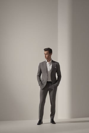 Illustrate a man standing confidently, his posture exuding strength and determination. Clothed in a sleek, modern ensemble, the play of light and shadow highlights the contours of his physique. Consider incorporating a subtle background that complements the tone, whether it be an urban landscape or a minimalist setting.