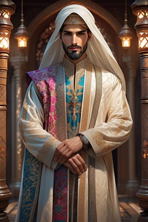 16years old beautiful boy wearing a luxurious Middle Eastern thobe, ,Depth and Dimension in the Pupils,So beautiful eyes,(beard:1.5),
Envision the thobe with intricate details, featuring opulent embroidery, rich fabrics, and elaborate patterns, Picture the boy adorned in a palette of vibrant colors, reflecting the elegance and craftsmanship of traditional Middle Eastern attire. Optimize for a visually captivating composition that highlights the exquisite design of the thobe, creating a scene that celebrates the beauty of cultural richness,