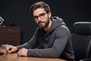 Illustrate A man, Depth and Dimension in the Pupils, Hunter eyes, beard:1.5, nose is slim and Brown hair, with intricate details, his body is confidentiality stable like a man, his posture exuding strength and determination, wearing glasses,full_body picture, sitting on the chair behind the office table, studio is dark, cup of coffee is on the table, mic is the on table and a man wear headphones, hoodie, face is straight forward, straight back, folding their arms on the table 
