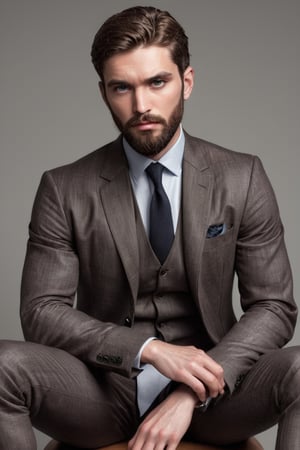 Illustrate A man, Depth and Dimension in the Pupils, Hunter eyes,(beard:1.5), nose is slim and Brown hair, with intricate details, sitting confidently, his posture exuding strength and determination. Clothed in a sleek, modern ensemble, Consider incorporating a subtle background that complements the tone,