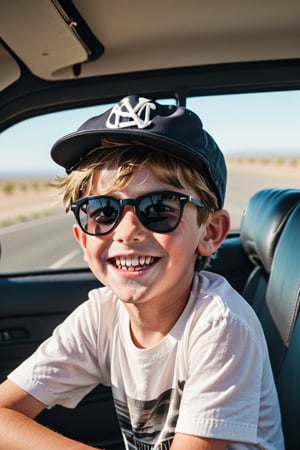 A young boy, around 8-10 years old, sitting in the driver's seat with a big smile on his face. He's wearing a backwards baseball cap and sunglasses, and his hair is tousled by the wind.The car's interior is clean and well-maintained, with leather seats and a wooden dashboard. The overall mood should be one of carefree childhood adventure. The boy is full of imagination and excitement, and the open road stretches out before him with endless possibilities