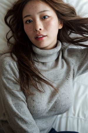 top view, closely up view, grain film, Generate hyper realistic image of a (Breathtaking) young japanese woman with blue eyes and brown hair, perfect big breast, wearing a warm sweater and a stylish turtleneck. Her upper body is depicted with realistic details, showcasing the subtle charm of parted lips and a hint of freckles. The scene captures the essence of a cozy winter day, with her hair slightly messy, giving a touch of natural elegance.