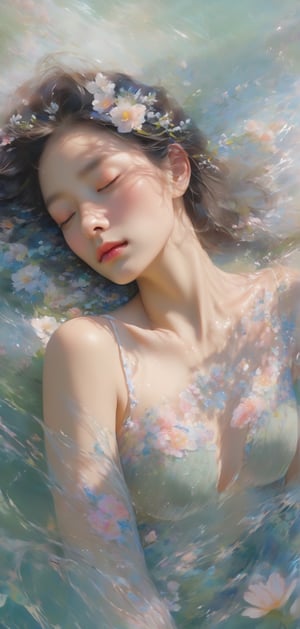I dreamt of being enveloped by the gentle rhythm of water, my heart wandering through a realm of floral fragrance, chest shot, ultra-detail, looking at viewer, detailed face, 