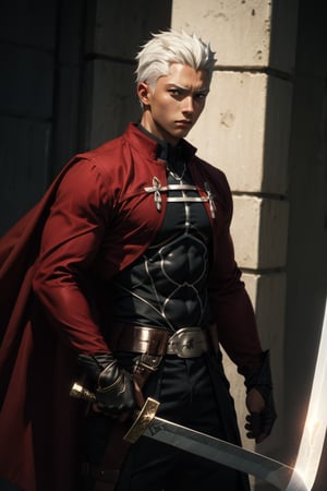 1 person, male, emiya_shiro, holding,weapon, sword, dual wielding, dark skin, Ultra-detail, (highres:1.1), best quality, (masterpiece:1.3), cinematic lighting,