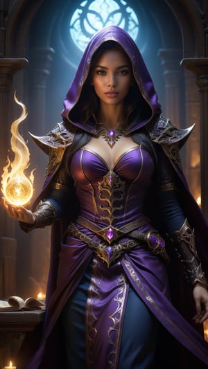 best quality, masterpiece,	
In the brooding, shadow-laden realm of Diablo 4, a sorceress of mixed Asian and france heritage stands as a beacon of mystical power, her figure cloaked in a rich purple robe that signifies her mastery of arcane arts. In one hand, she wields a magic sword radiating with eldritch energy, while her other hand clutches an ancient tome, its pages filled with forbidden spells and arcane wisdom. Her detailed visage, a blend of her diverse heritage, is set against the backdrop of a dark medieval fantasy world, where gothic elements, gore, and bones underscore the perilous nature of her quest and the depth of her sorcerous might.
ultra realistic illustration, siena natural ratio, bokeh, lens flare, Sharp Focus, ultra hd, realistic, vivid colors, highly detailed, UHD drawing, perfect composition, ultra hd, 8k, he has an inner glow, stunning, something that even doesn't exist, mythical being, energy, molecular, textures, iridescent and luminescent scales, breathtaking beauty, pure perfection, divine presence, unforgettable, impressive, breathtaking beauty, Volumetric light, auras, rays, vivid colors reflects.,LegendDarkFantasy