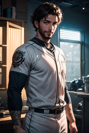 best quality, masterpiece,	(gentle Latino guy, 30year old:1.5),	(Baseball theme:1.2), a baseball player costume,	(body covered in words, words on body:1.1, tattoos of (words) on body:1.3), (a fine beard:1.0),	(a gentle smile:1.5),	cinematic lighting, ambient lighting, sidelighting, cinematic shot,	Full length view,	beautiful and aesthetic, vibrant color, Exquisite details and textures, cold tone, ultra realistic illustration,siena natural ratio, anime style, 	shot curly dark brown hair,	ultra hd, realistic, vivid colors, highly detailed, UHD drawing, perfect composition, ultra hd, 8k, he has an inner glow, stunning, something that even doesn't exist, mythical being, energy, molecular, textures, iridescent and luminescent scales, breathtaking beauty, pure perfection, divine presence, unforgettable, impressive, breathtaking beauty, Volumetric light, auras, rays, vivid colors reflects.