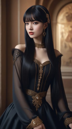 best quality, masterpiece.	The beautiful Ukrainian girl, with her very long straight black hair and blunt bangs, effortlessly channels a Gothic fantasy aura, reminiscent of a horror fantasy tale set in a medieval princess's dark and mysterious realm.	Her attire is accented with fashionable accessories, embodying the timeless elegance and glamour reminiscent of a Hollywood star, seamlessly merging historical opulence with contemporary fashion.	ultra realistic illustration,siena natural ratio, by Ai Pic 3D,	cinematic lighting, ambient lighting, sidelighting, cinematic shot,	head to thigh portrait,	inspired by HERMÈS and Jean Paul Gaultier, provocative, looking at the viewer