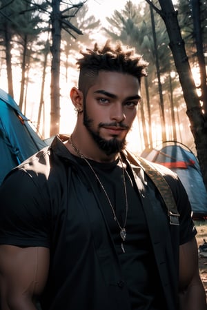 best quality, masterpiece,	(muscular African- American guy, 18year old:1.5),	(Camping theme:1.4), camping with my friends,	(body covered in words, words on body:0, tattoos of (words) on body:0), (a fine beard:1.3),	(a beautiful smile:1.1),	cinematic lighting, ambient lighting, sidelighting, cinematic shot,	Full length view,	beautiful and aesthetic, vibrant color, Exquisite details and textures, cold tone, ultra realistic illustration,siena natural ratio, anime style, 	curly blonde hair,	ultra hd, realistic, vivid colors, highly detailed, UHD drawing, perfect composition, ultra hd, 8k, he has an inner glow, stunning, something that even doesn't exist, mythical being, energy, molecular, textures, iridescent and luminescent scales, breathtaking beauty, pure perfection, divine presence, unforgettable, impressive, breathtaking beauty, Volumetric light, auras, rays, vivid colors reflects.